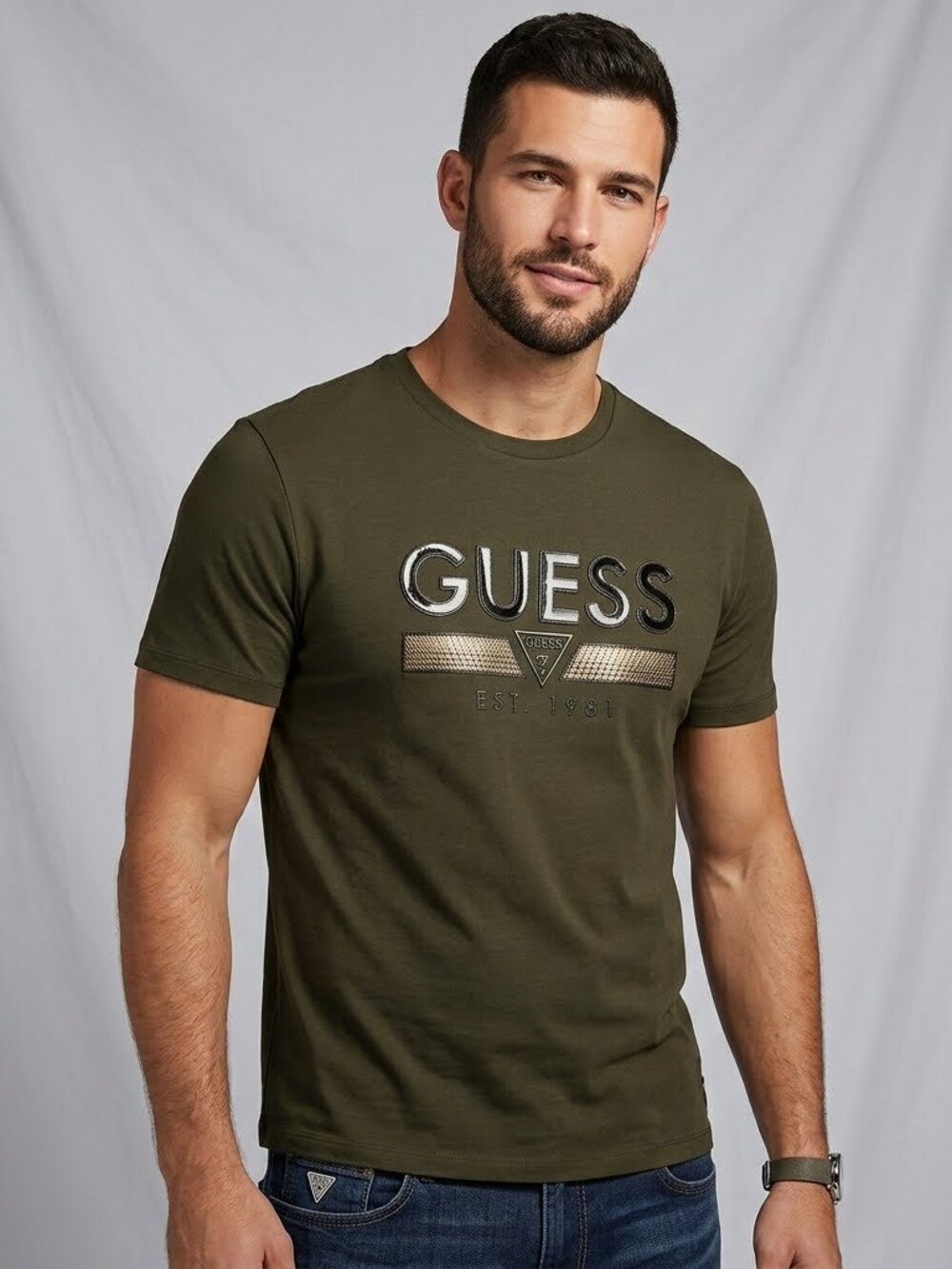 NWT GUESS Men's Olive Green Logo Short Sleeve Tee XXL